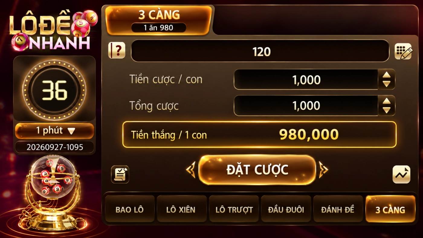 Tab 3 càng lô đề nhanh Sunwin, cược 1.000đ thắng 980.000đ, tỷ lệ 1 ăn 980