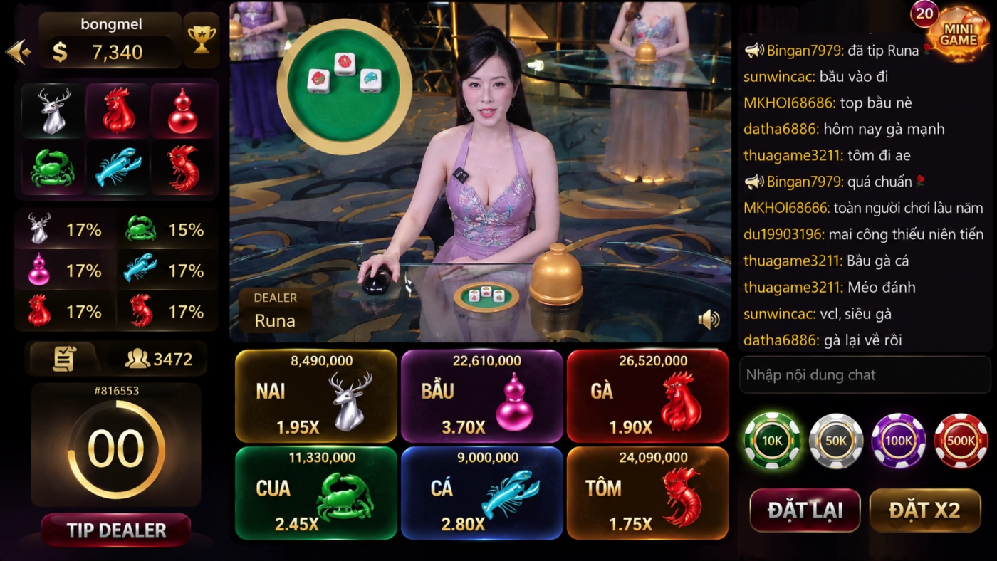 Bàn bầu cua live Sunwin với sáu ô linh vật và đồng hồ đếm ngược