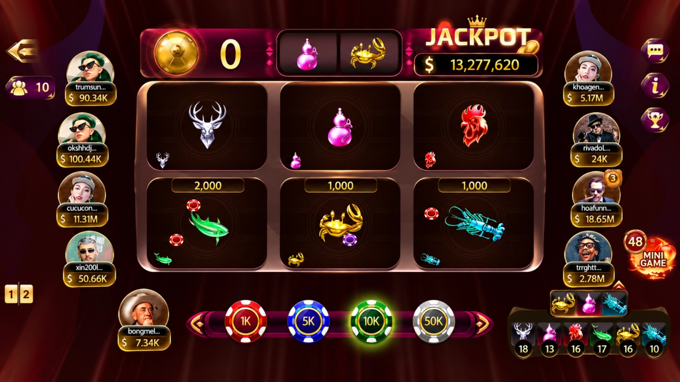Bàn bầu cua Lộc Thú Sunwin với sáu linh vật và hũ Jackpot phía trên