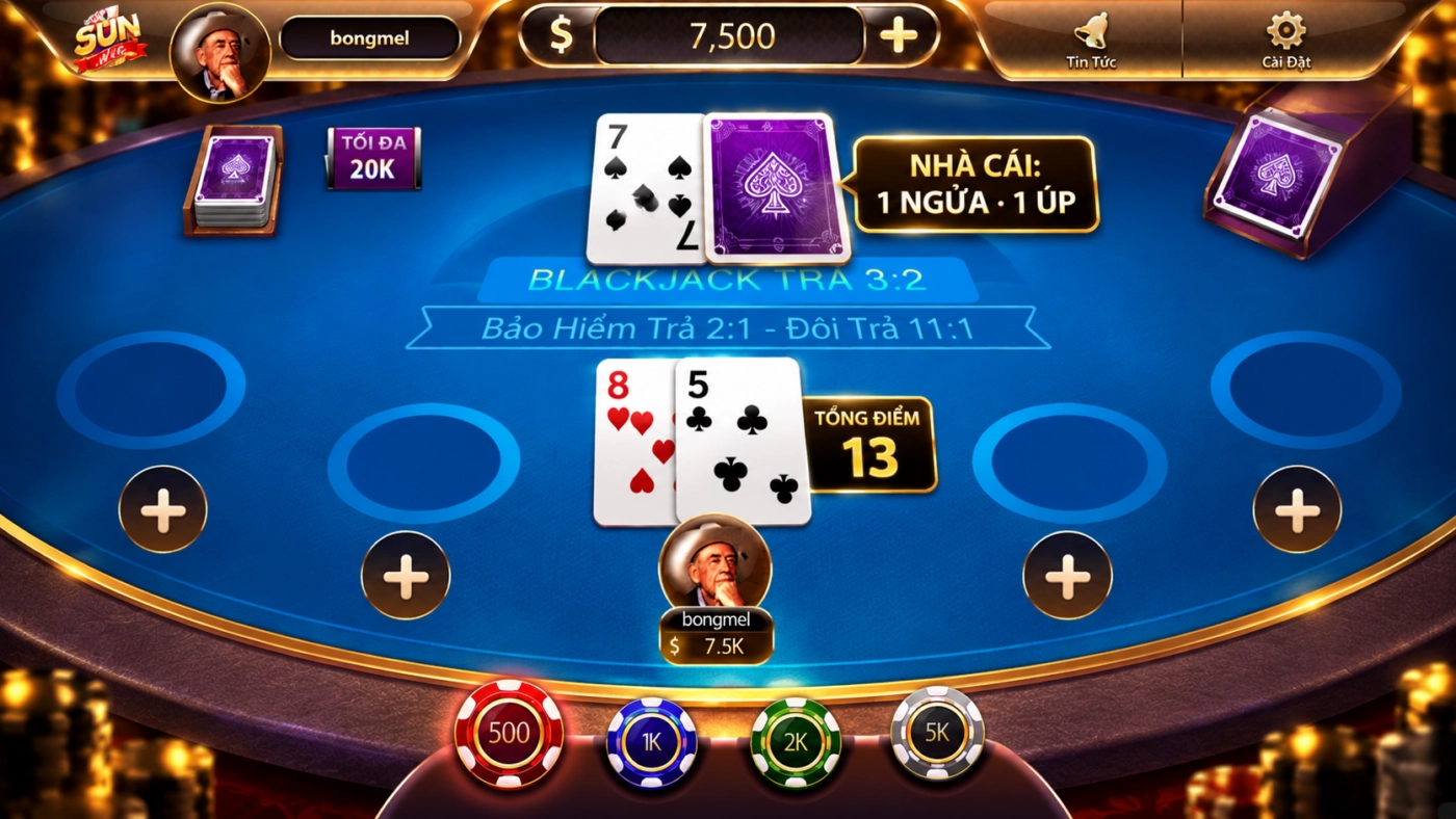 Giao diện bàn blackjack Sunwin với hai lá của người chơi và lá úp của nhà cái
