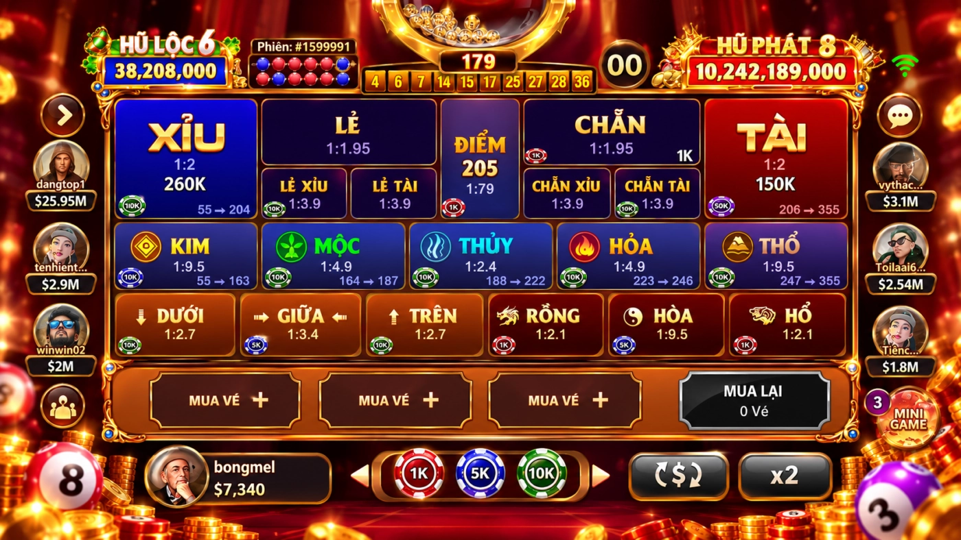 Bàn chơi Keno Lộc Phát Sunwin với tụ cược, ô Điểm và hai hũ Jackpot