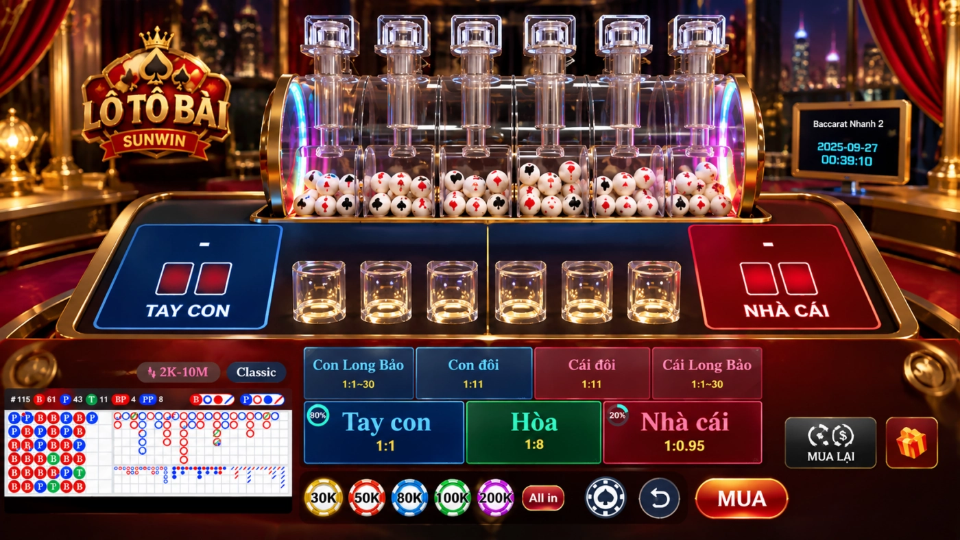 Bàn Xổ số Baccarat trong sảnh Lô tô bài Sunwin với lồng cầu quay bi lá bài