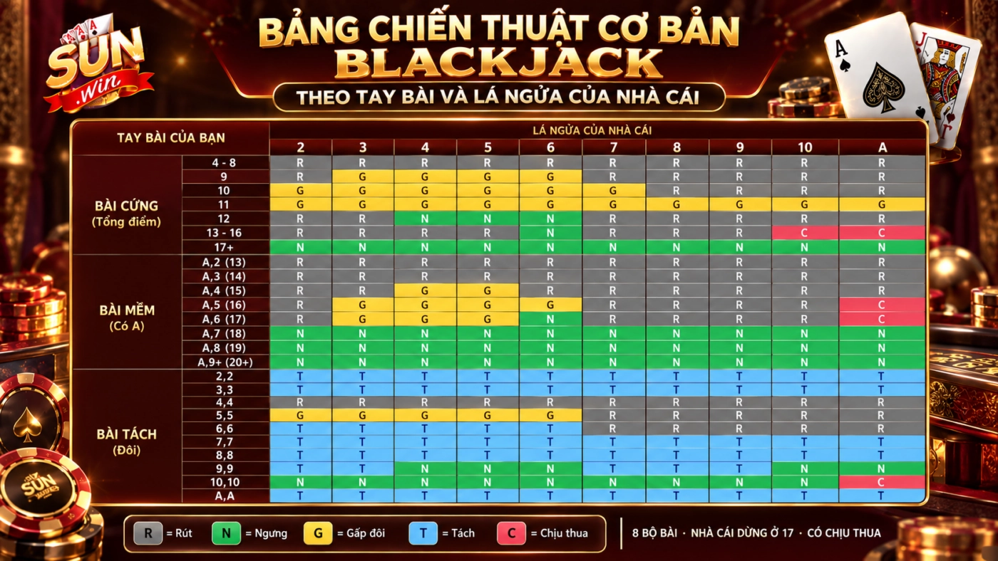 Bảng chiến thuật cơ bản blackjack theo tay bài và lá ngửa của nhà cái