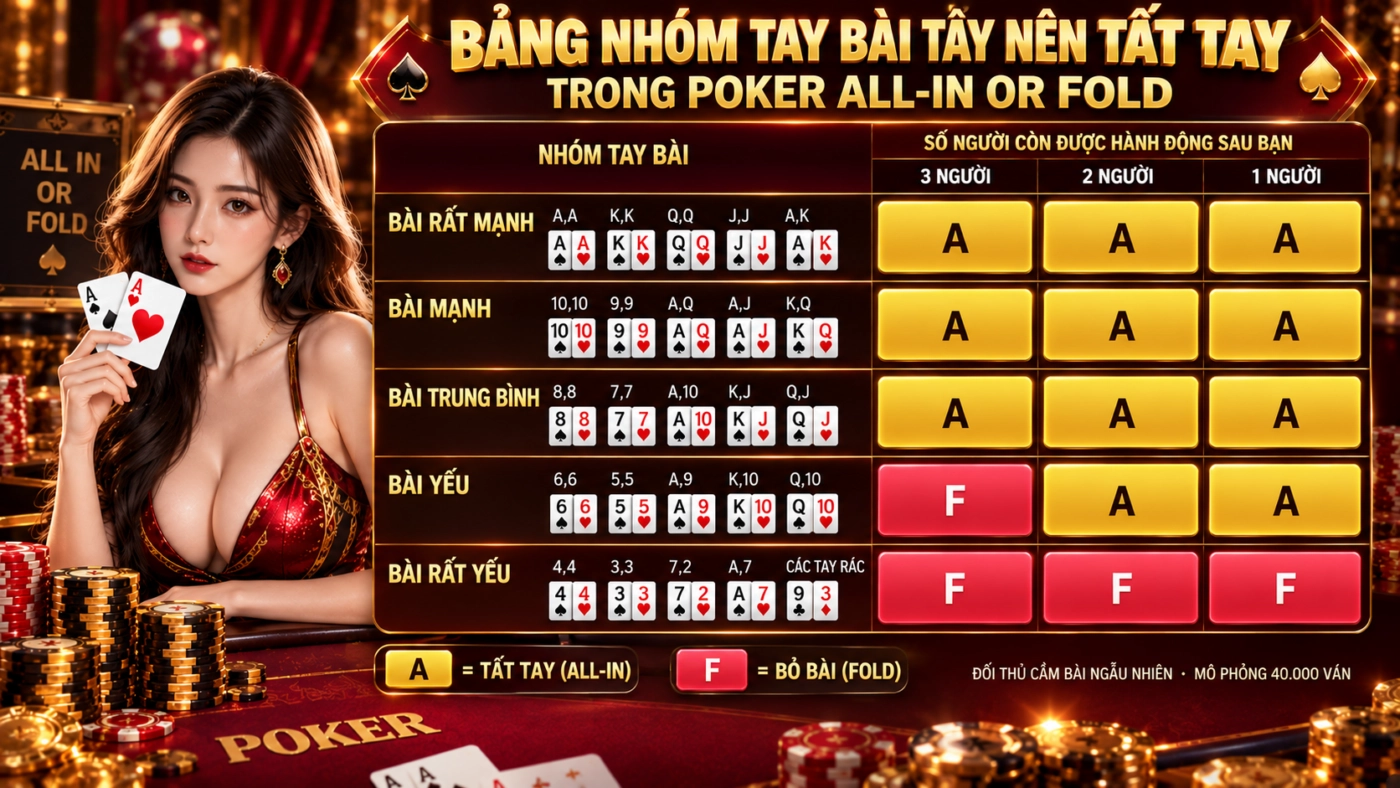 Bảng nhóm tay bài tẩy nên tất tay trong poker All-in or Fold theo số đối thủ