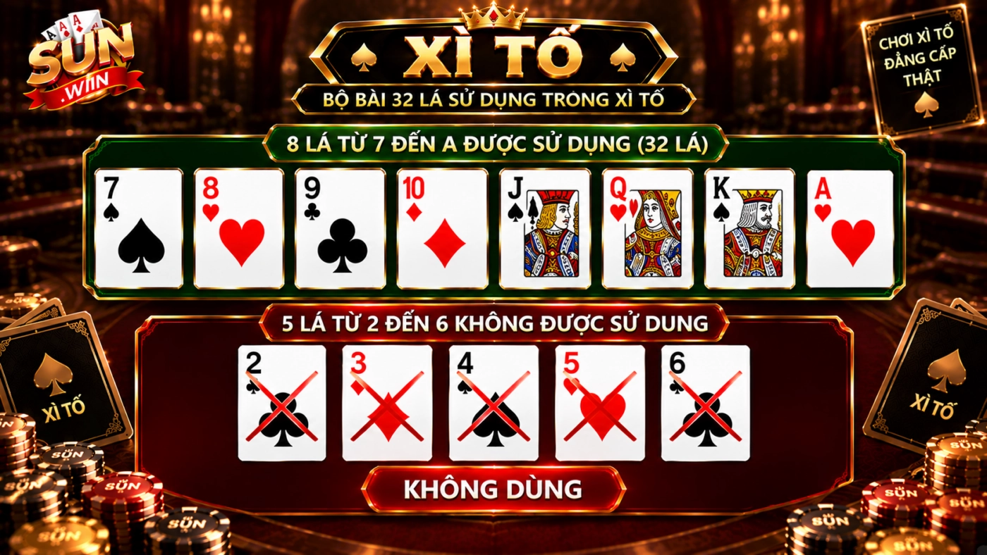Bộ bài 32 lá dùng trong xì tố, đã bỏ các lá 2 tới 6