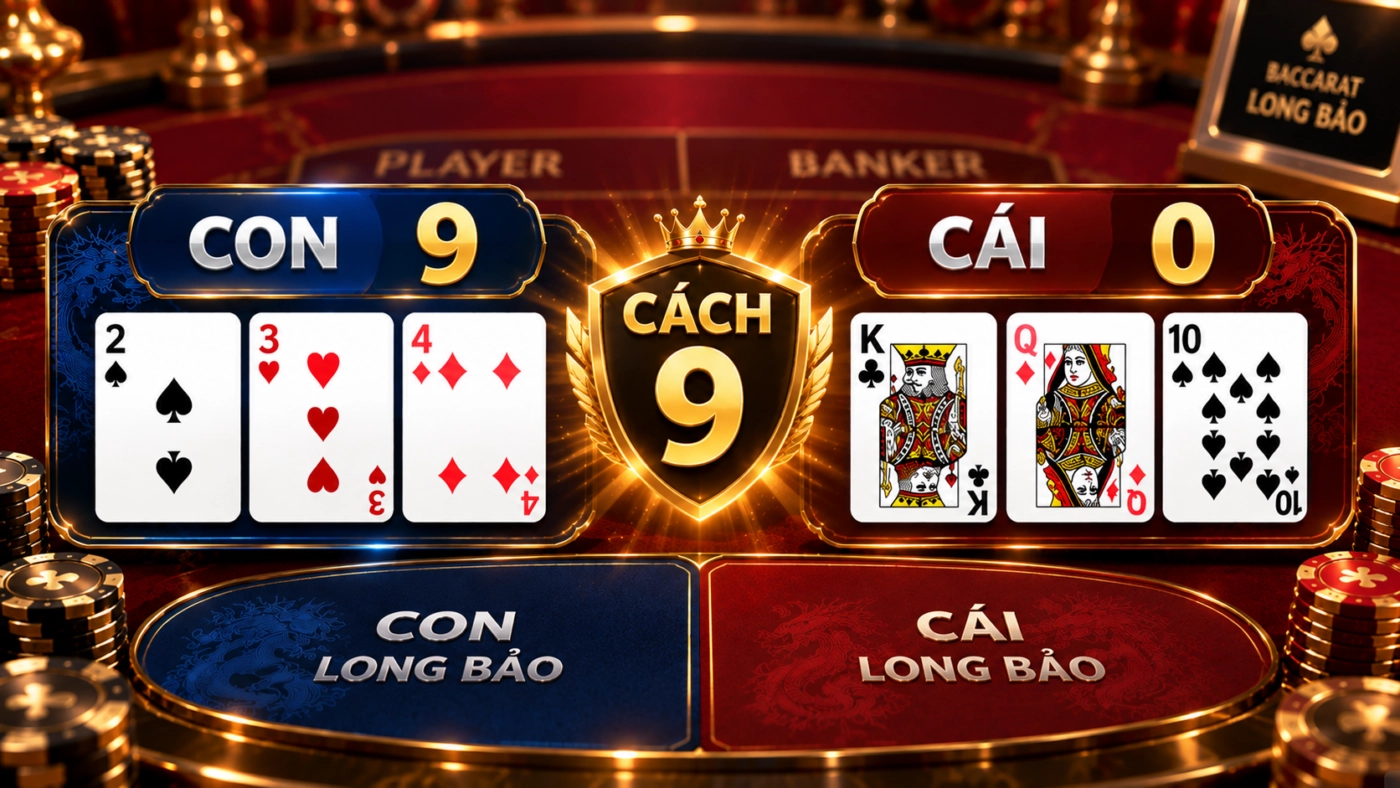 Ví dụ cách tính cách biệt điểm trong cửa Long Bảo, Con 9 điểm thắng Cái 0 điểm