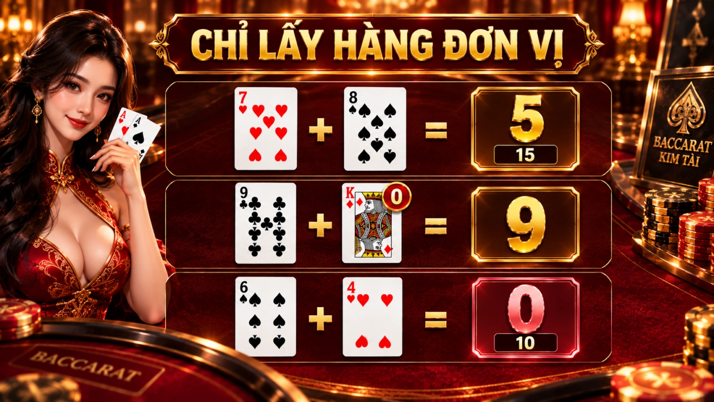 Cách tính điểm baccarat: chỉ lấy hàng đơn vị của tổng hai lá