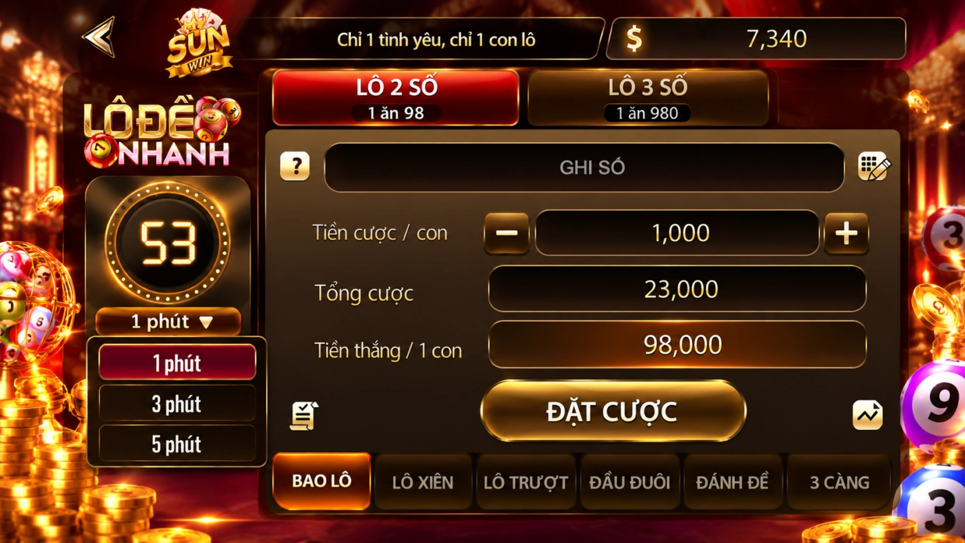 Chọn phiên 1 phút, 3 phút hoặc 5 phút trong lô đề nhanh Sunwin