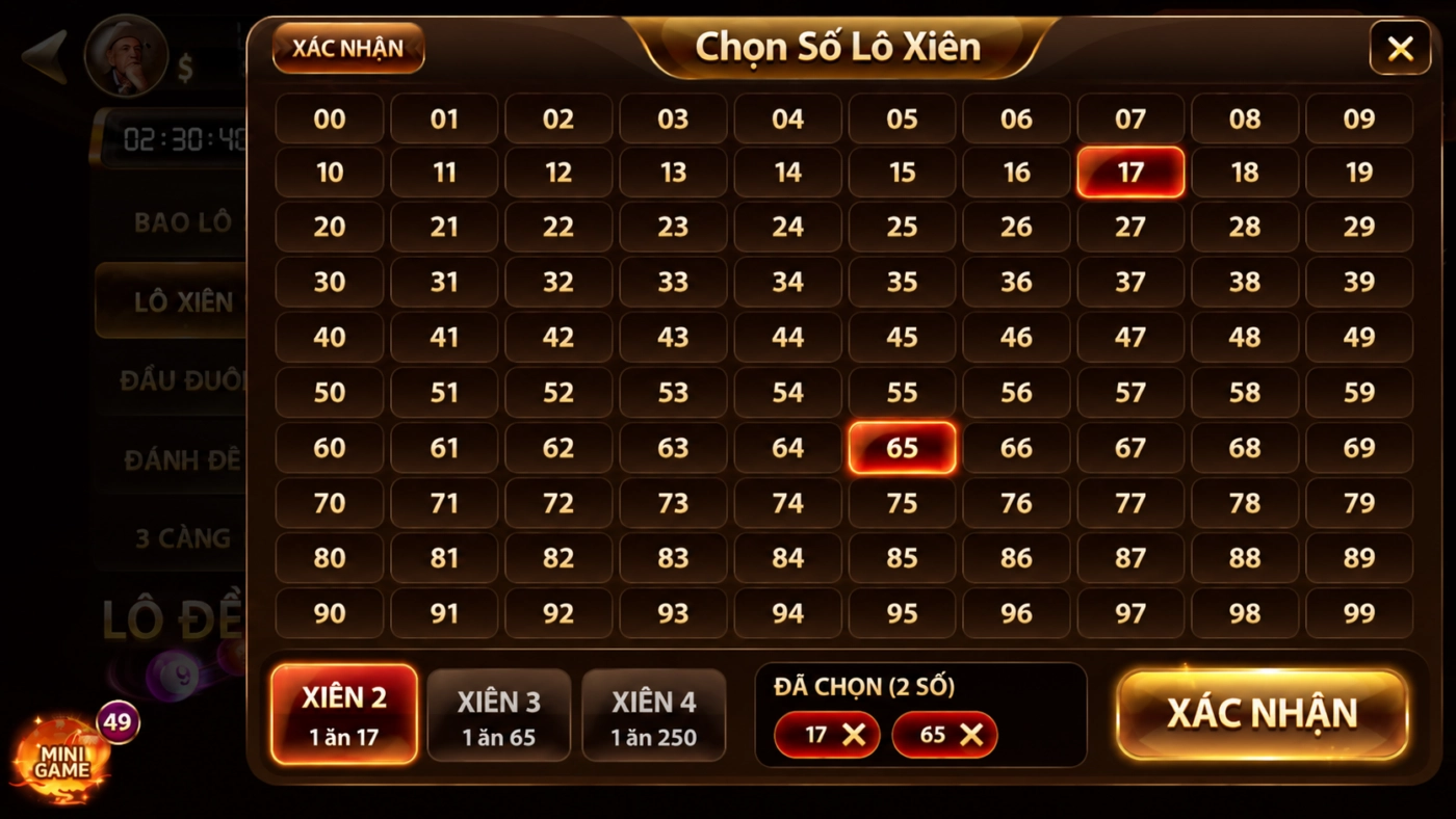 Bảng chọn số lô xiên Sunwin từ 00 đến 99, chọn cặp xiên 2