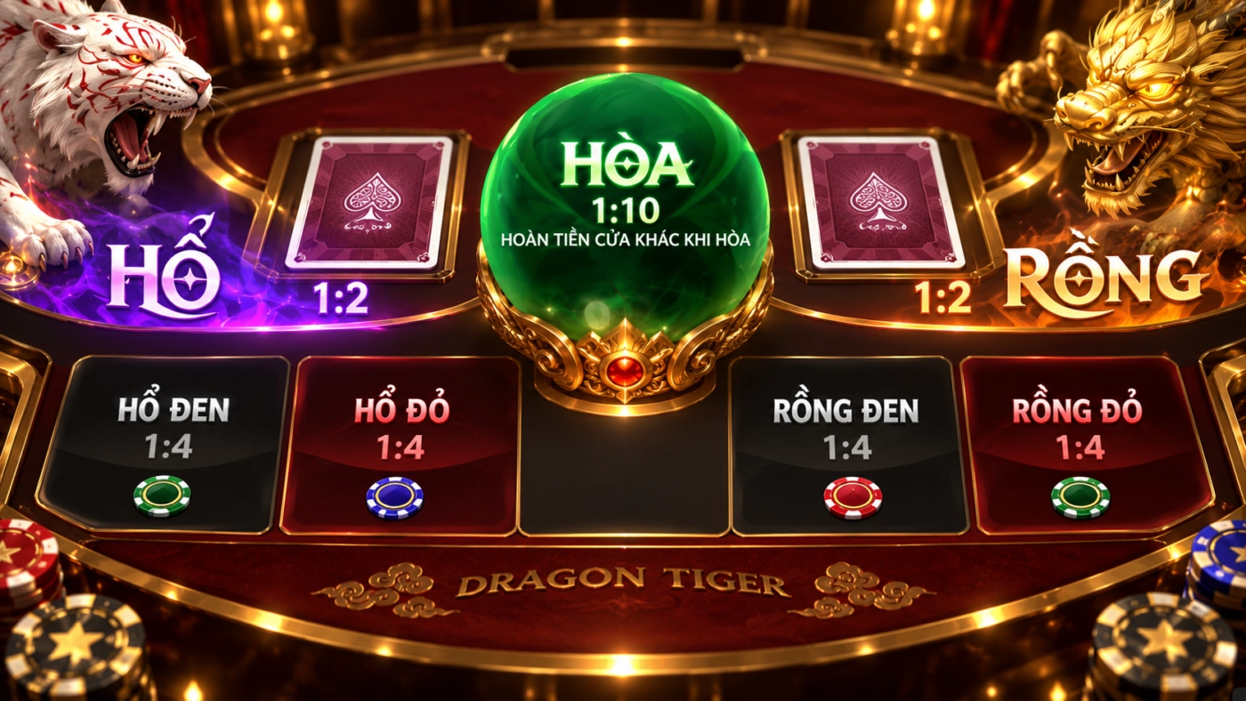 Tỷ lệ trả các cửa rồng hổ Sunwin: Rồng Hổ 1 ăn 2, cửa màu 1 ăn 4, Hòa 1 ăn 10