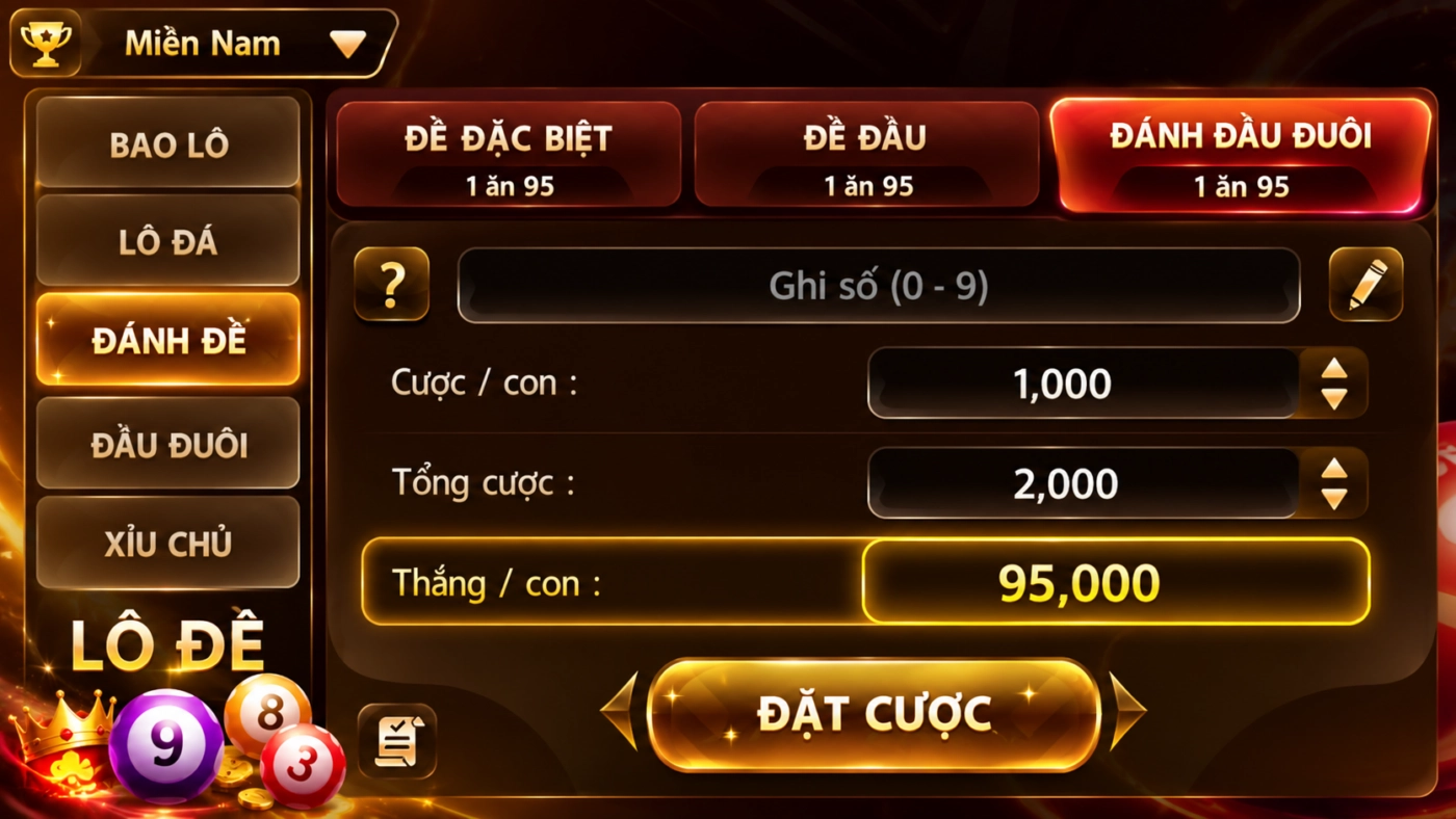 Đánh đầu đuôi miền Nam Sunwin, cược 1.000đ tổng cược 2.000đ, tỷ lệ 1 ăn 95