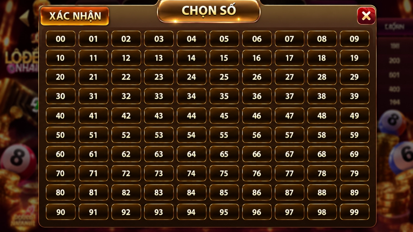 Bảng chọn số 00 đến 99 khi đặt cược lô đề nhanh Sunwin