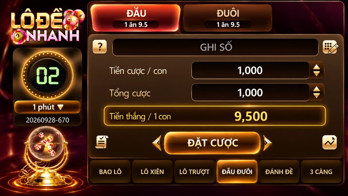 Đầu đuôi lô đề nhanh Sunwin, tỷ lệ 1 ăn 9,5, phiên 1 phút