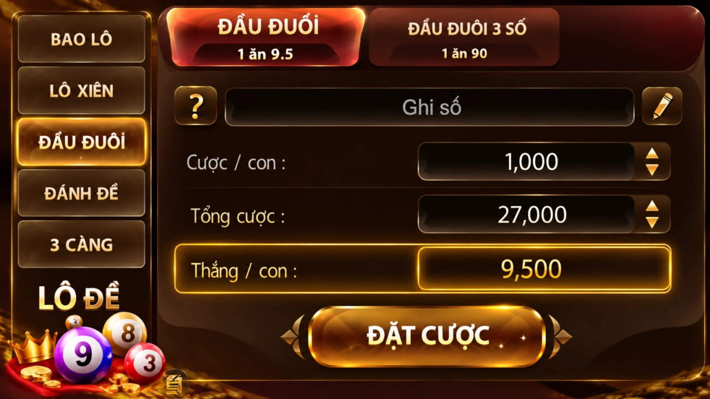 Tab Đầu đuôi lô đề miền Bắc Sunwin, cược 1.000đ thắng 9.500đ, tỷ lệ 1 ăn 9,5