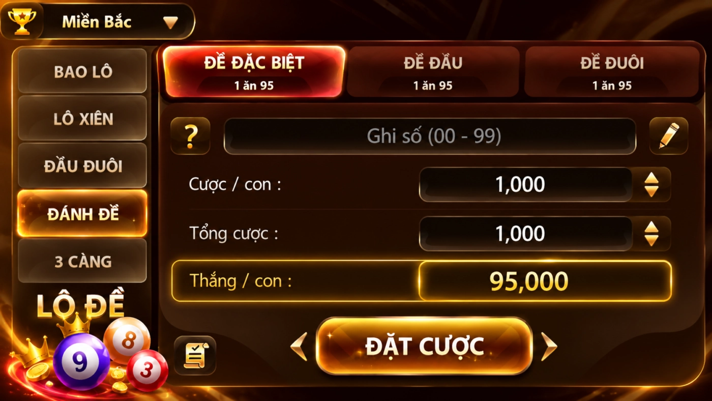 Đề đặc biệt lô đề Sunwin miền Bắc, cược 1.000đ thắng 95.000đ, tỷ lệ 1 ăn 95