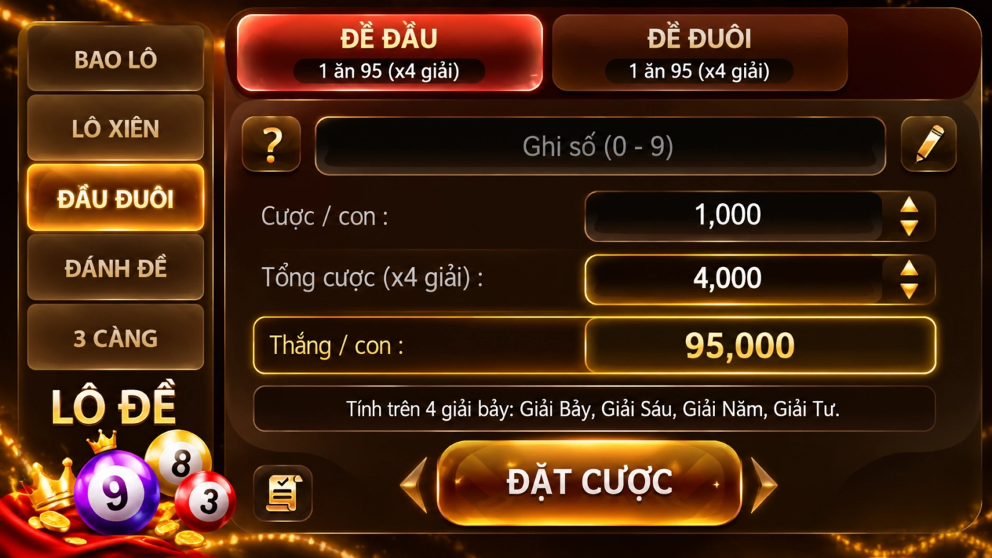 Đề đầu miền Bắc Sunwin tính trên bốn giải bảy, tổng cược gấp 4, tỷ lệ 1 ăn 95