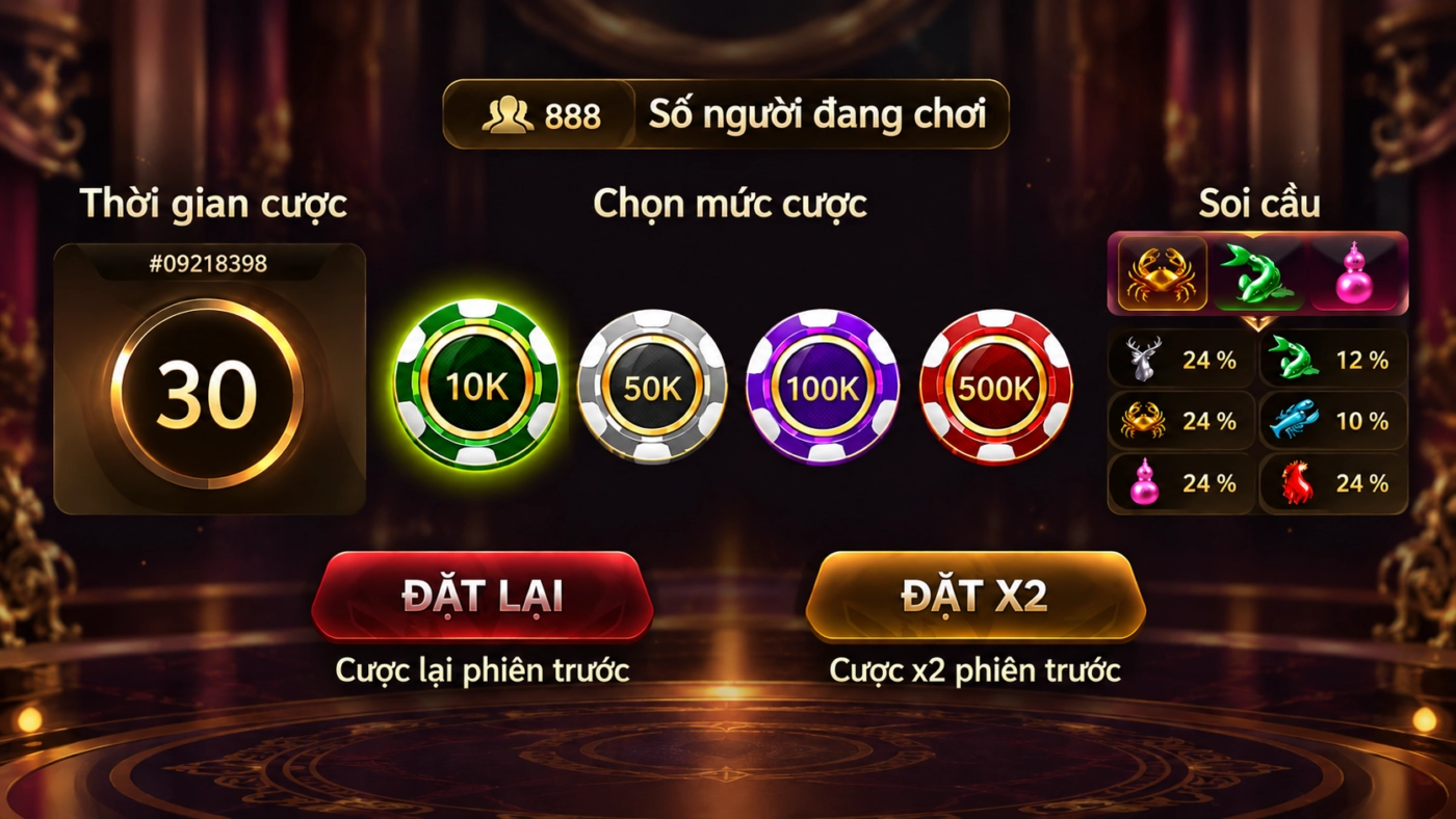 Giao diện bầu cua Sunwin: thời gian cược, mức cược, soi cầu và hai nút Đặt lại, Đặt X2