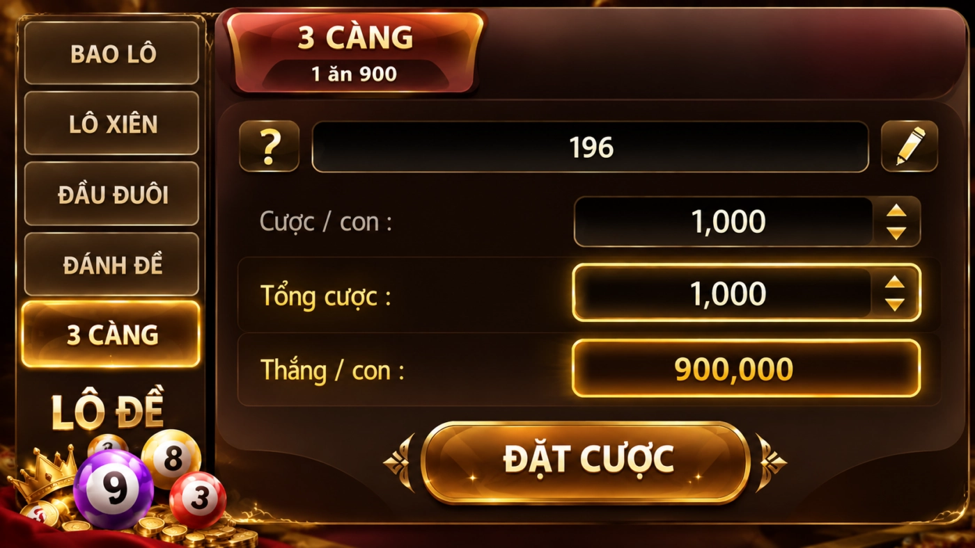 Tab 3 càng miền Bắc lô đề Sunwin, cược 1.000đ thắng 900.000đ, tỷ lệ 1 ăn 900