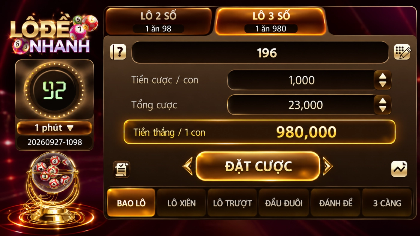 Tab lô 3 số Sunwin, cược 1.000đ tổng cược 23.000đ, tỷ lệ 1 ăn 980