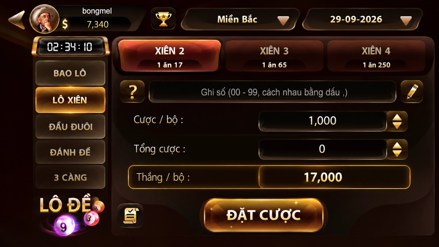 Tab lô xiên miền Bắc Sunwin, xiên 2 xiên 3 xiên 4 trả 1 ăn 17, 65, 250