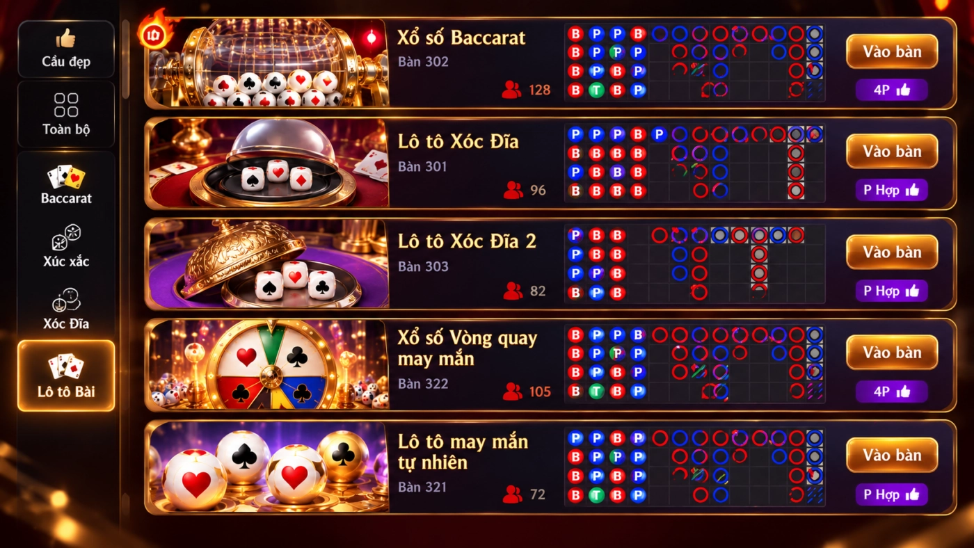 Danh sách bàn trong sảnh Lô tô bài Sunwin: Xổ số Baccarat, Lô tô Xóc Đĩa, Vòng quay