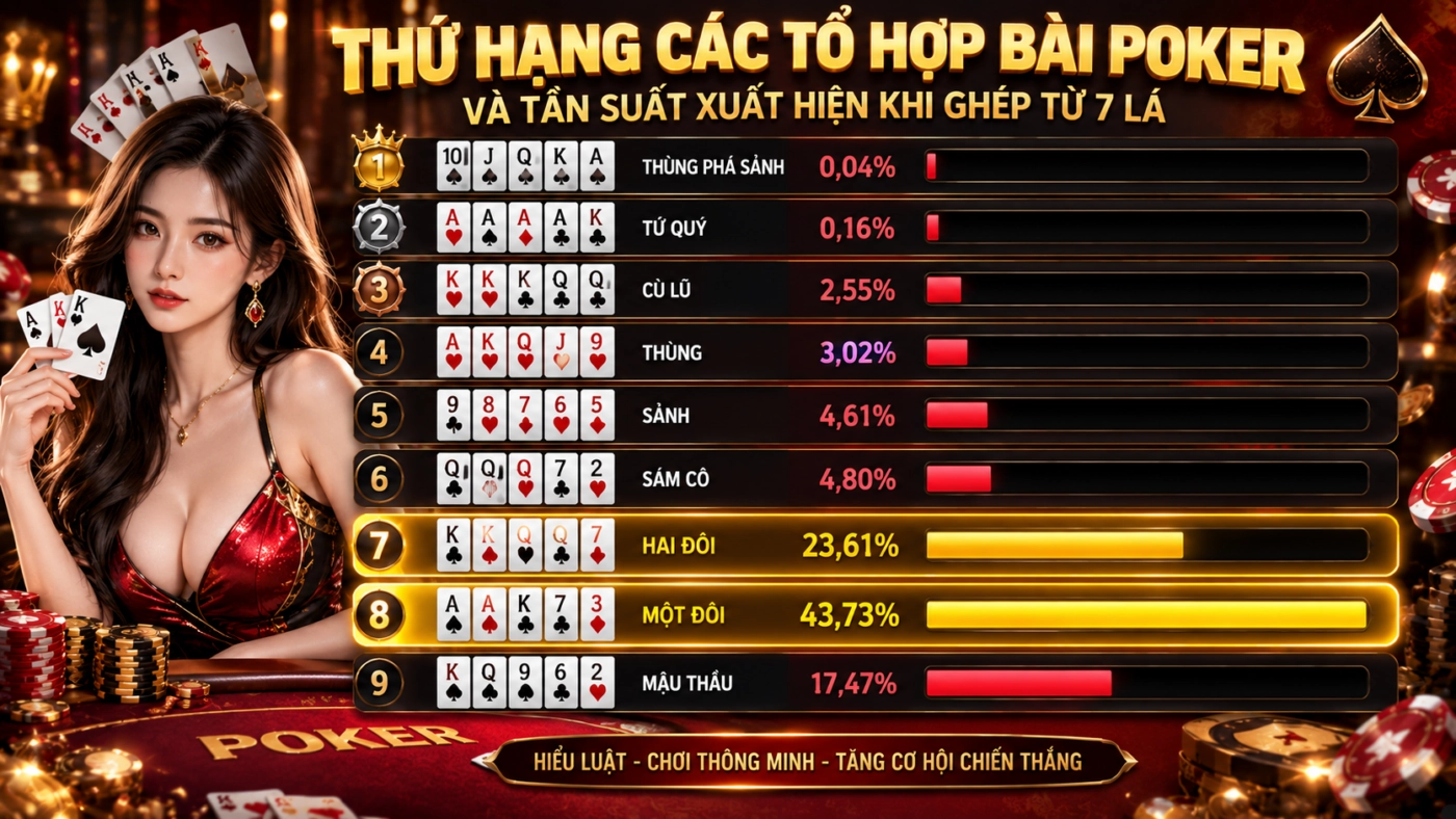 Thứ hạng chín tổ hợp bài poker kèm tần suất xuất hiện khi ghép từ bảy lá