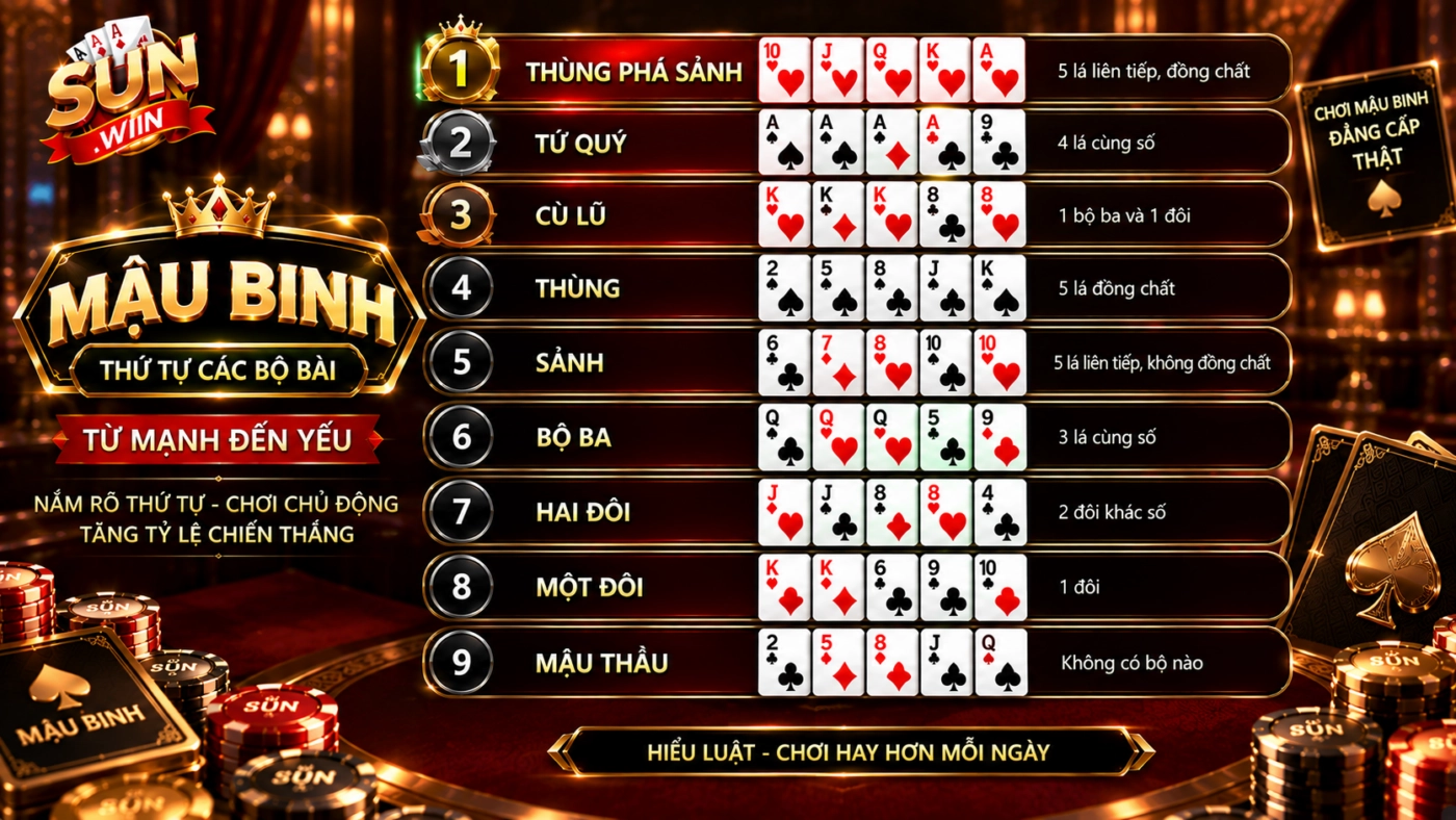 Thứ tự chín bộ bài trong mậu binh từ mạnh tới yếu