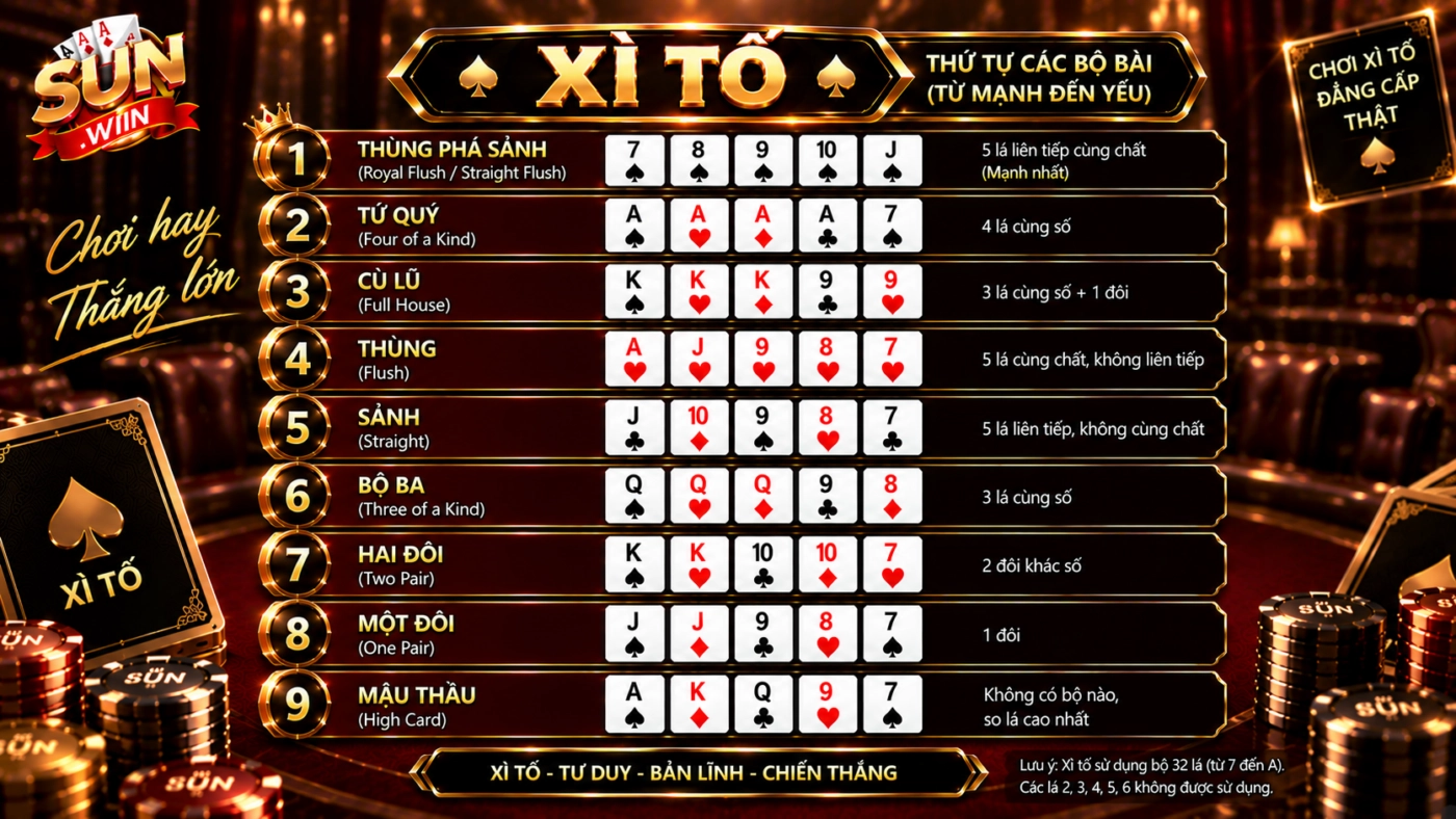 Thứ tự chín bộ bài trong xì tố từ mạnh tới yếu