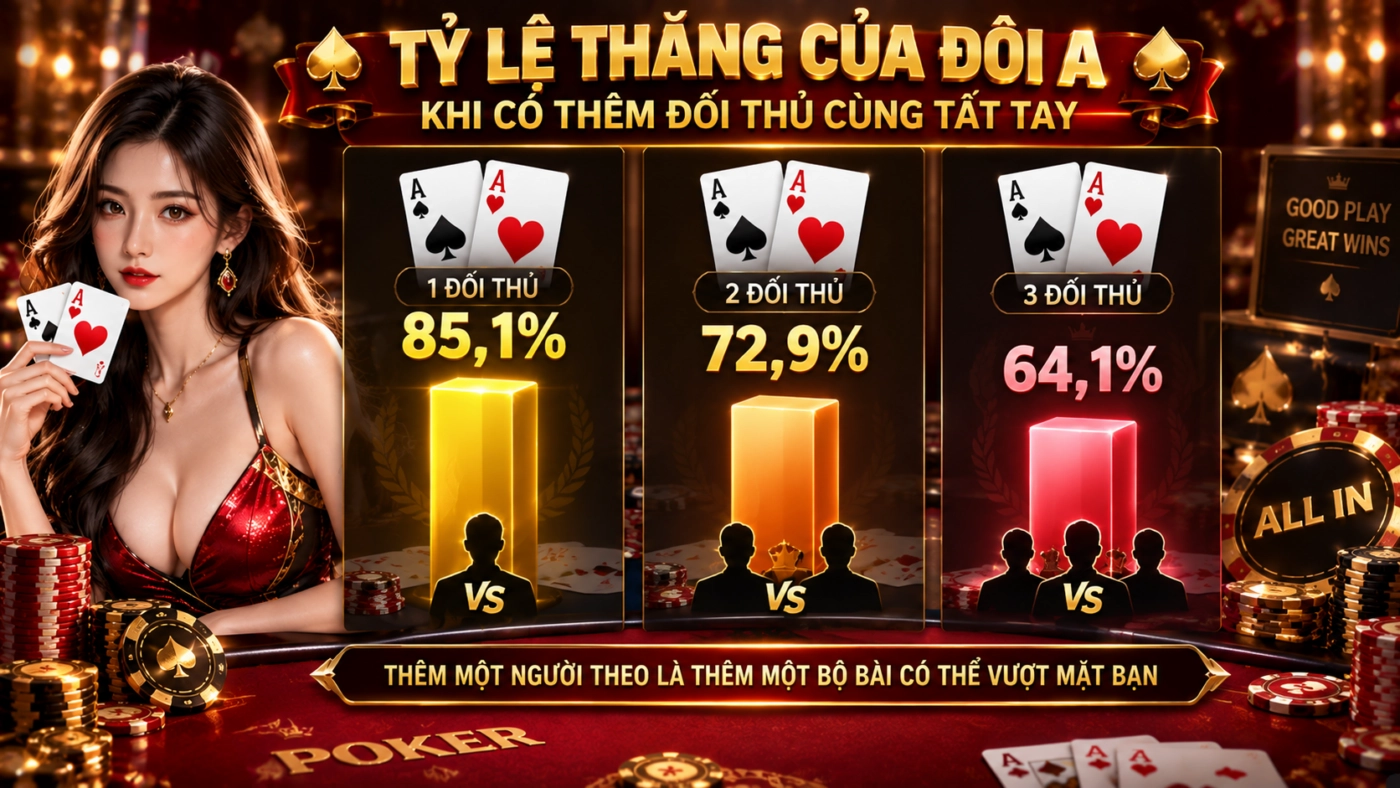 Tỷ lệ thắng của đôi A trong poker giảm khi có thêm đối thủ cùng tất tay