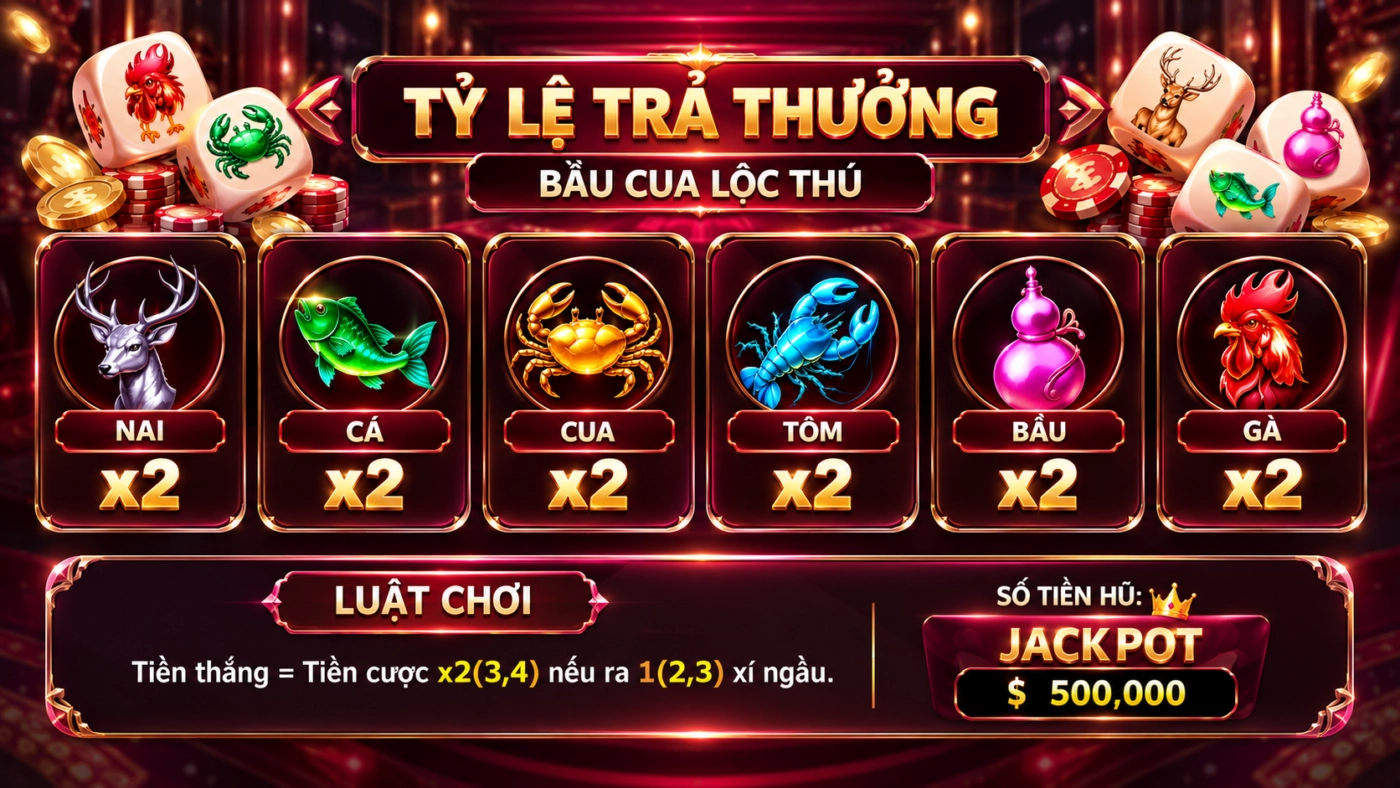 Tỷ lệ trả thưởng bầu cua Lộc Thú trong mục luật chơi: tiền cược nhân 2, 3 hoặc 4