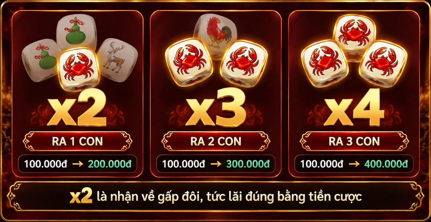 Tỷ lệ trả thưởng bầu cua Sunwin: ra 1 con x2, ra 2 con x3, ra 3 con x4