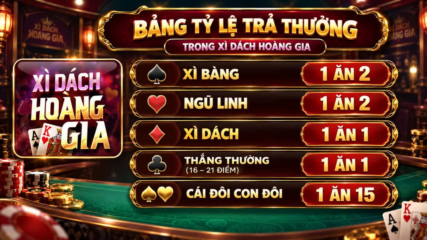 Bảng tỷ lệ trả thưởng trong xì dách hoàng gia