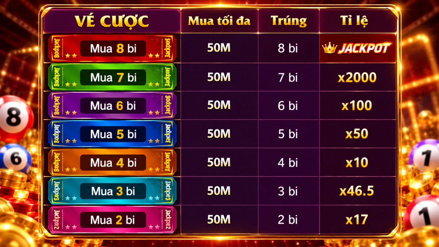 Bảng tỷ lệ trả thưởng vé Keno Lộc Phát Sunwin từ vé 2 bi tới vé 8 bi
