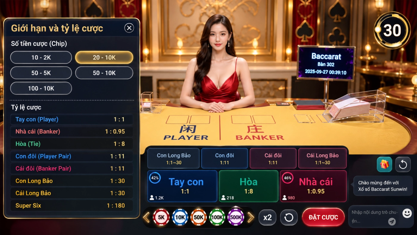 Bảng giới hạn và tỷ lệ cược Xổ số Baccarat Sunwin: Tay con 1:1, Nhà cái 1:0,95, Hòa 1:8