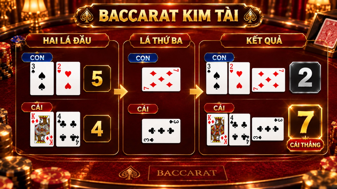 Ván mẫu baccarat Kim Tài: Cái thắng 7 điểm so với 2 điểm của Con