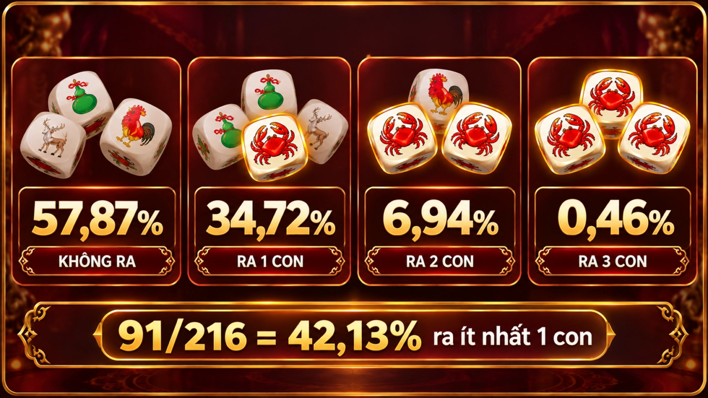 Xác suất bầu cua: không ra 57,87%, ra 1 con 34,72%, 2 con 6,94%, 3 con 0,46%