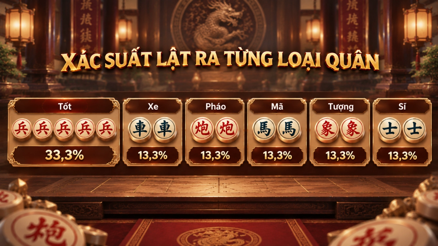 Xác suất lật ra từng loại quân trong cờ úp: Tốt 33,3%, các quân khác 13,3%