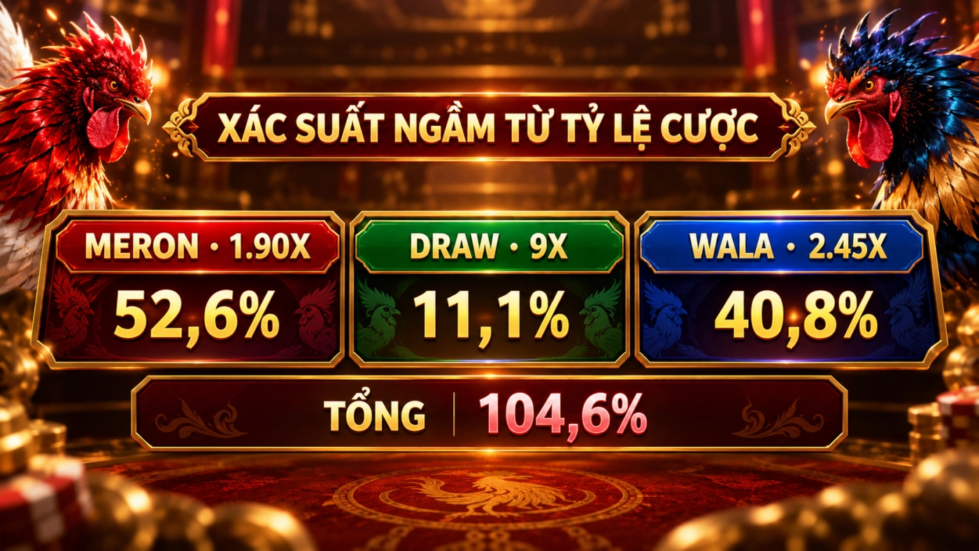 Quy đổi tỷ lệ đá gà sang xác suất ngầm: 1.90X là 52,6%, 9X là 11,1%, 2.45X là 40,8%