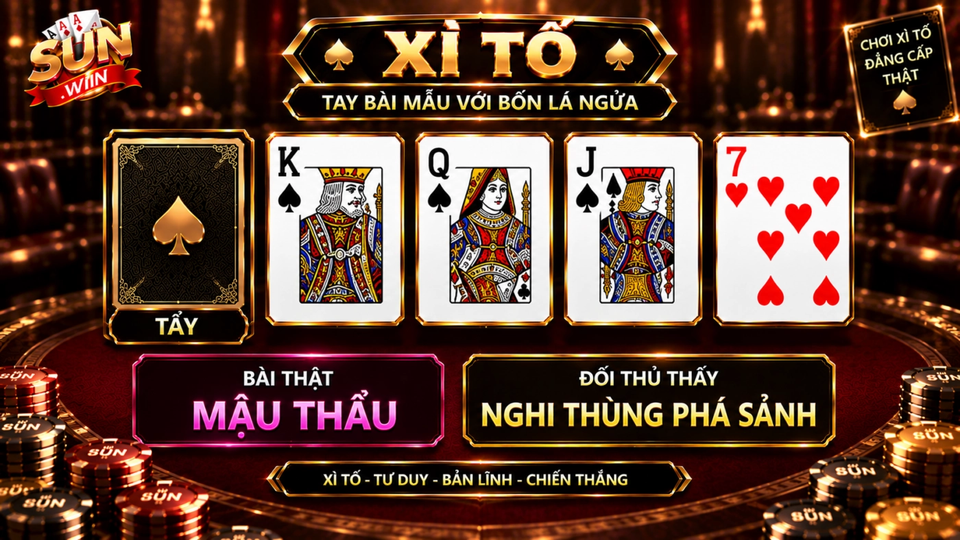 Tay bài mẫu trong xì tố với một lá tẩy và bốn lá ngửa