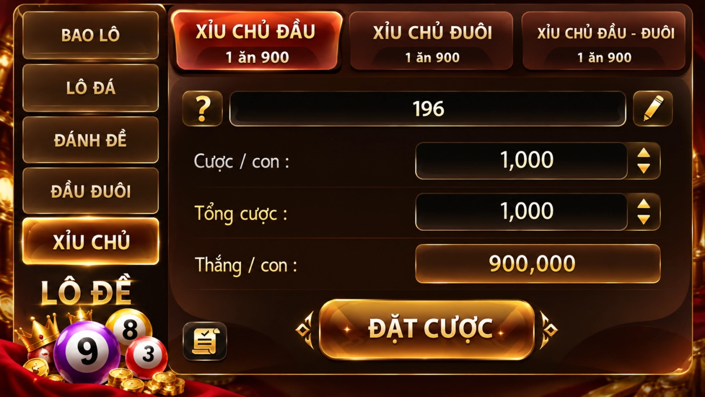 Xỉu chủ đầu, đuôi và đầu đuôi miền Nam Sunwin, tỷ lệ 1 ăn 900