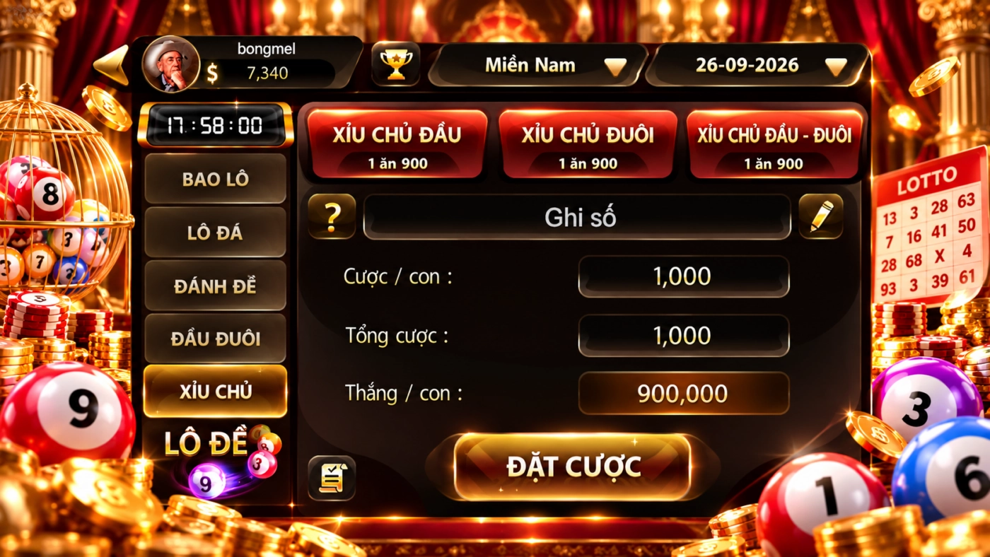 Xỉu chủ đầu, xỉu chủ đuôi lô đề Sunwin miền Nam, tỷ lệ 1 ăn 900