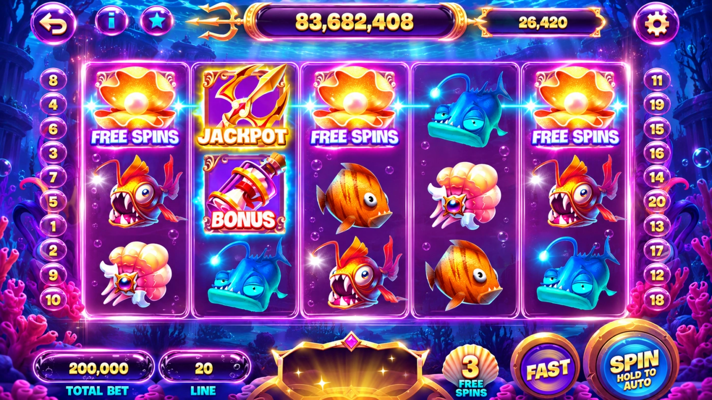 Bàn quay nổ hũ Thủy Cung Sunwin 5x3, 20 dòng, Total Bet 200.000 với 3 vỏ sò Free Spins ở cột 1, 3, 5