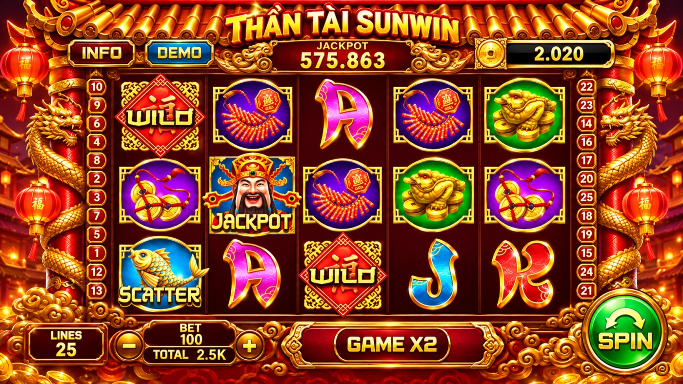Bàn quay nổ hũ Thần Tài Sunwin 5 cột 25 dòng với nút Info, Demo, Bet, Lines, Game X2 và Spin