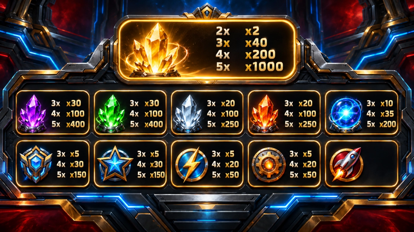 Bảng trả thưởng nổ hũ Avengers Sunwin: biểu tượng cao nhất x1000, nhóm cao x400, nhóm thấp x50