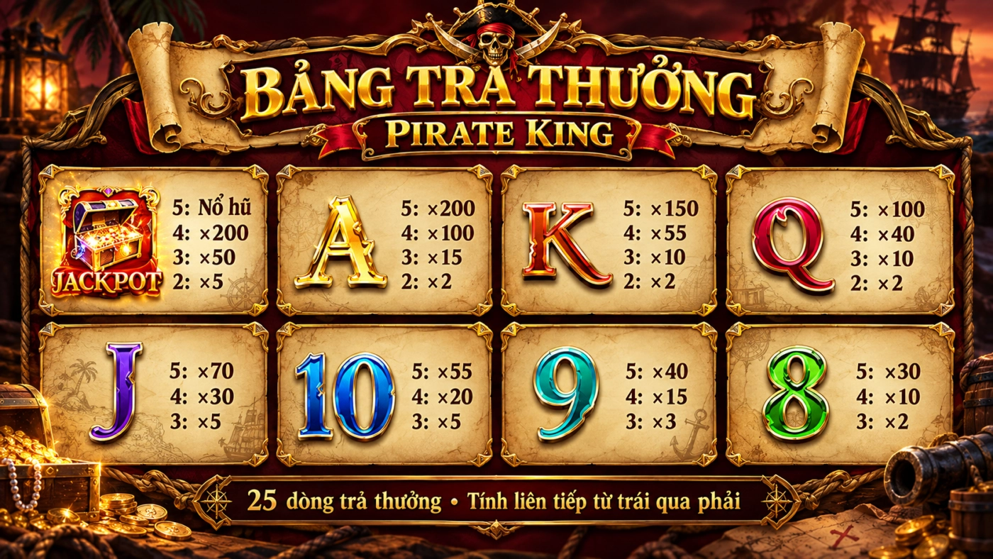 Bảng trả thưởng Pirate King Sunwin: rương Jackpot, A x200, K x150, Q x100
