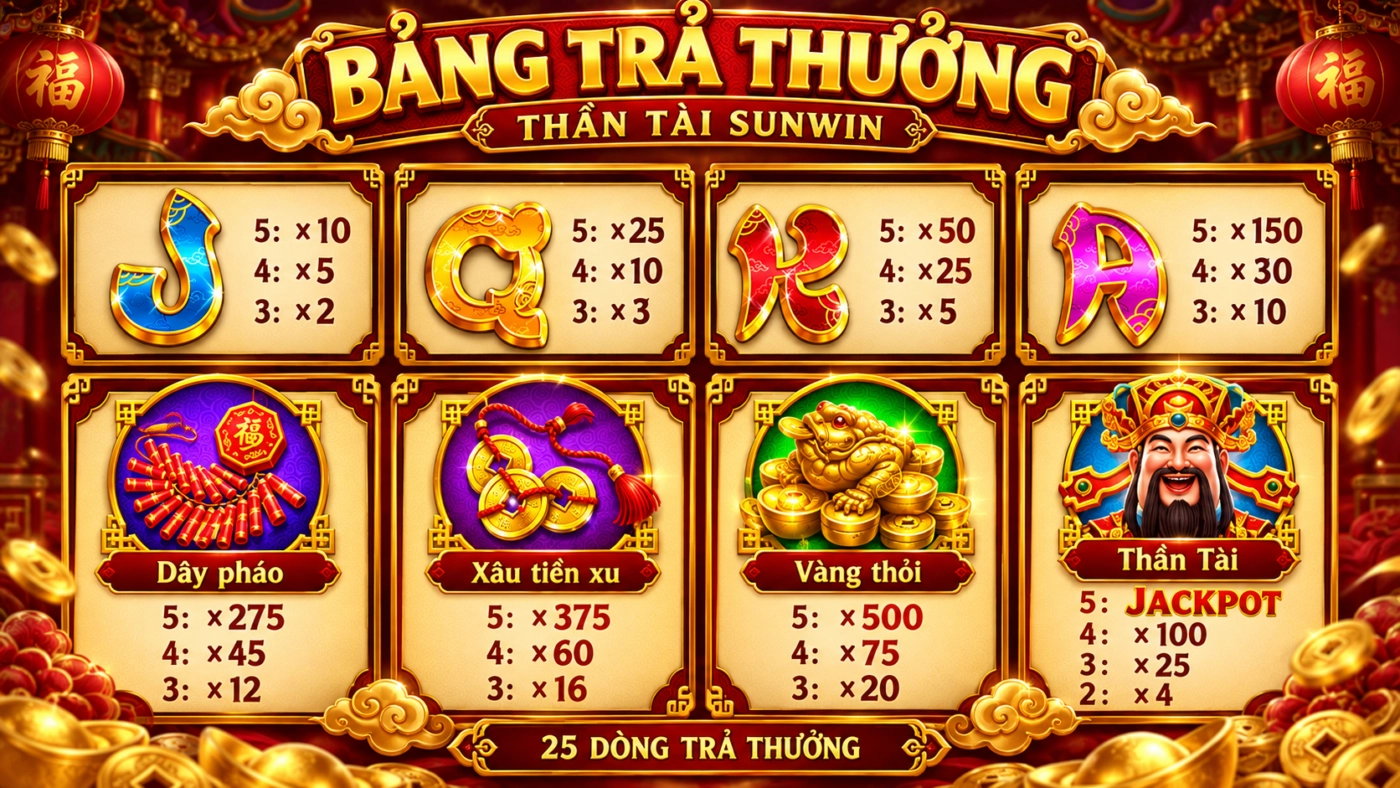 Bảng trả thưởng nổ hũ Thần Tài Sunwin: vàng thỏi x500, xâu tiền xu x375, dây pháo x275, Thần Tài Jackpot