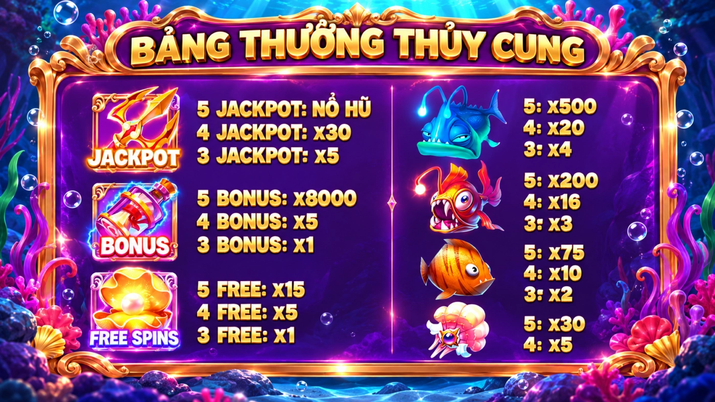 Bảng trả thưởng nổ hũ Thủy Cung: 5 Jackpot nổ hũ, 5 Bonus x8000, linh vật x500, cá răng nanh x200