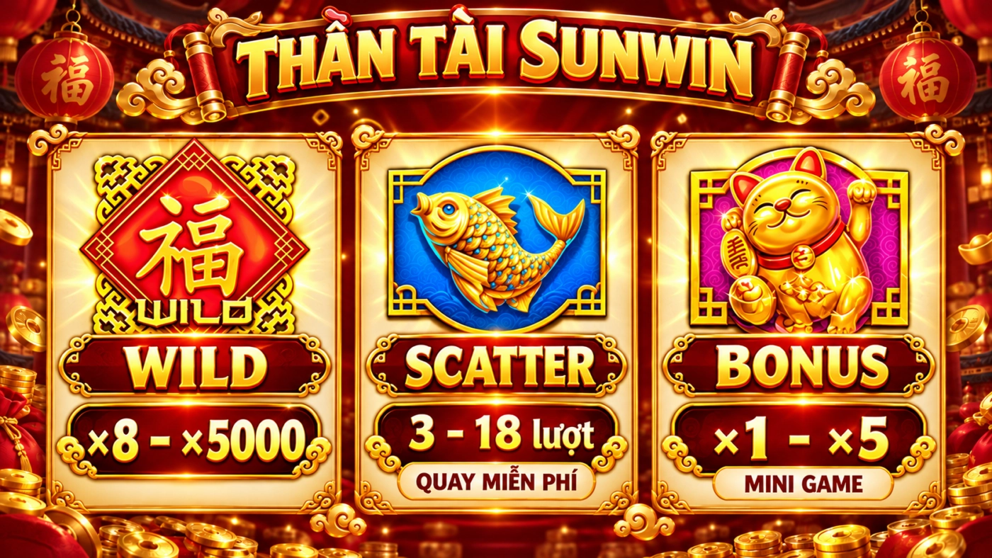 Wild chữ Phúc trả x8 đến x5000, Scatter cá chép 3 đến 18 lượt free, Bonus mèo thần tài nổ hũ Thần Tài