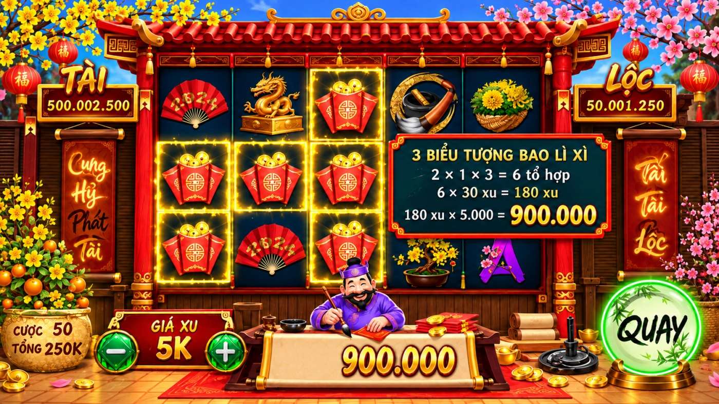 Cách tính tiền nổ hũ Ông Đồ: 3 bao lì xì 6 tổ hợp 180 xu nhân Giá xu 5.000 bằng 900.000