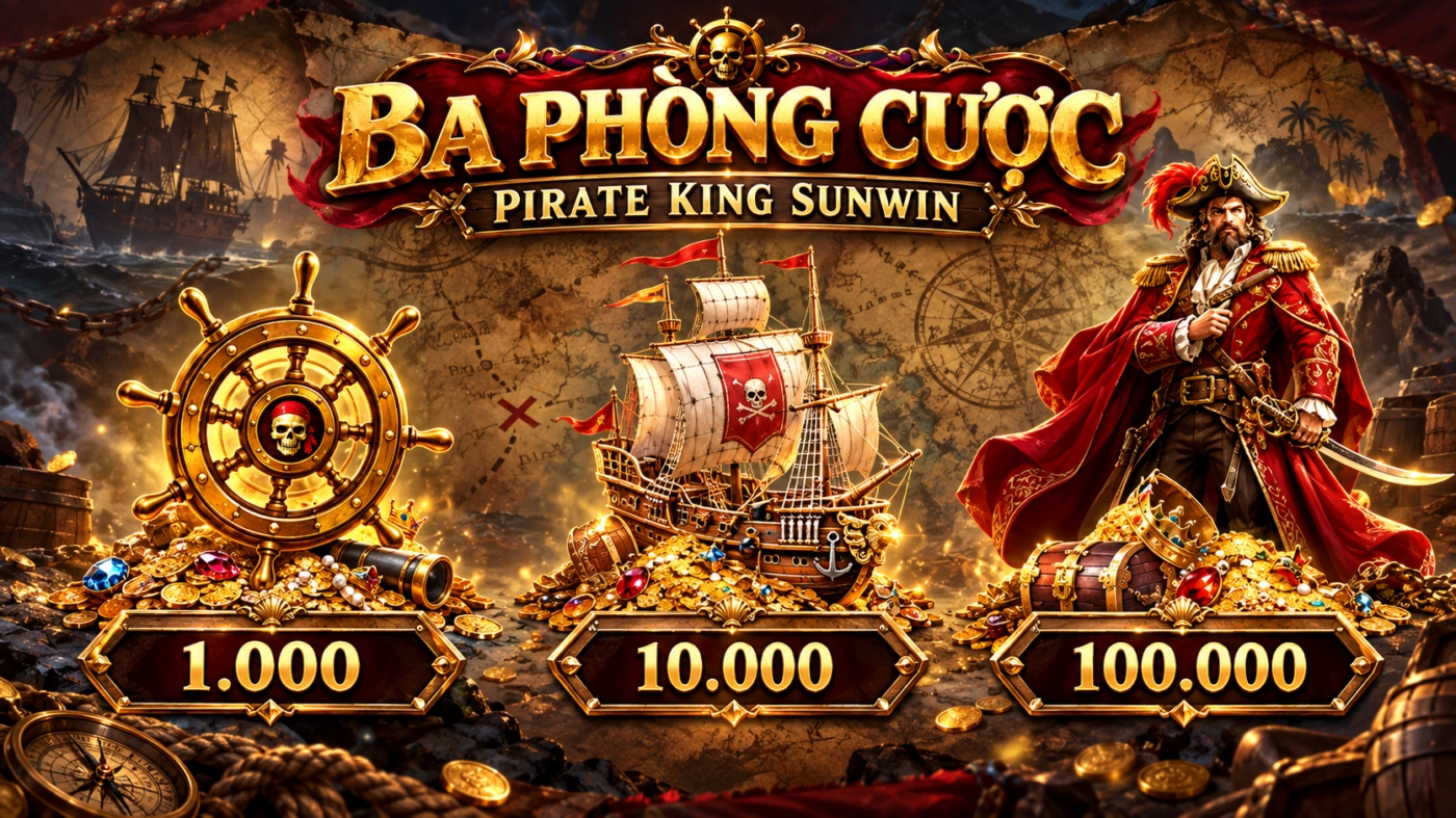 Ba phòng cược Pirate King Sunwin 1.000, 10.000, 100.000 mỗi dòng và tổng cược khi chọn 1 đến 25 dòng